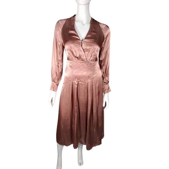 H&M Viscose Long Sleeve Faux Wrap Pale Pink Satin Midi Dress Size Small - Picture 1 of 12